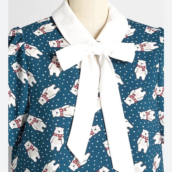 Modcloth Positive First Impressions Tie Neck Blouse 2X Blue Polar Bear Retro - Picture 3 of 10
